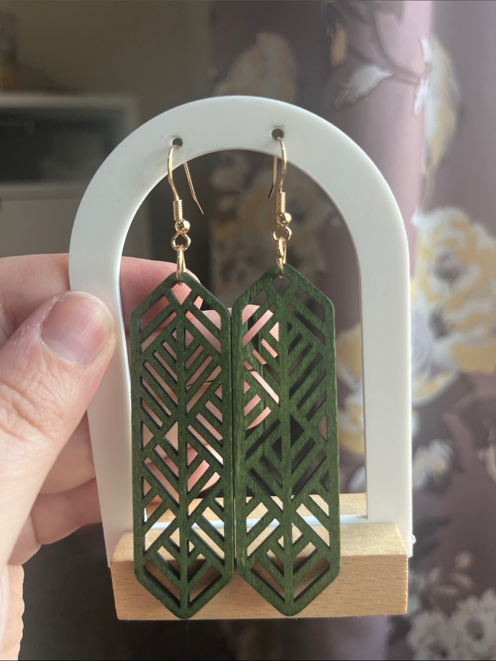 Geometric Laser-Cut Dangle Earrings in Olive Green - Picture 3 of 3